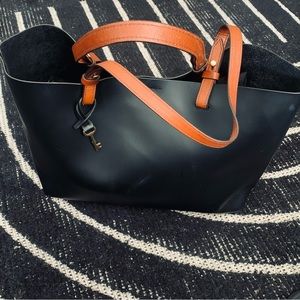 FOSSIL | LARGE TOTE | RUBBERIZED LEATHER | BLACK WITH BROWN HANDLES | USE